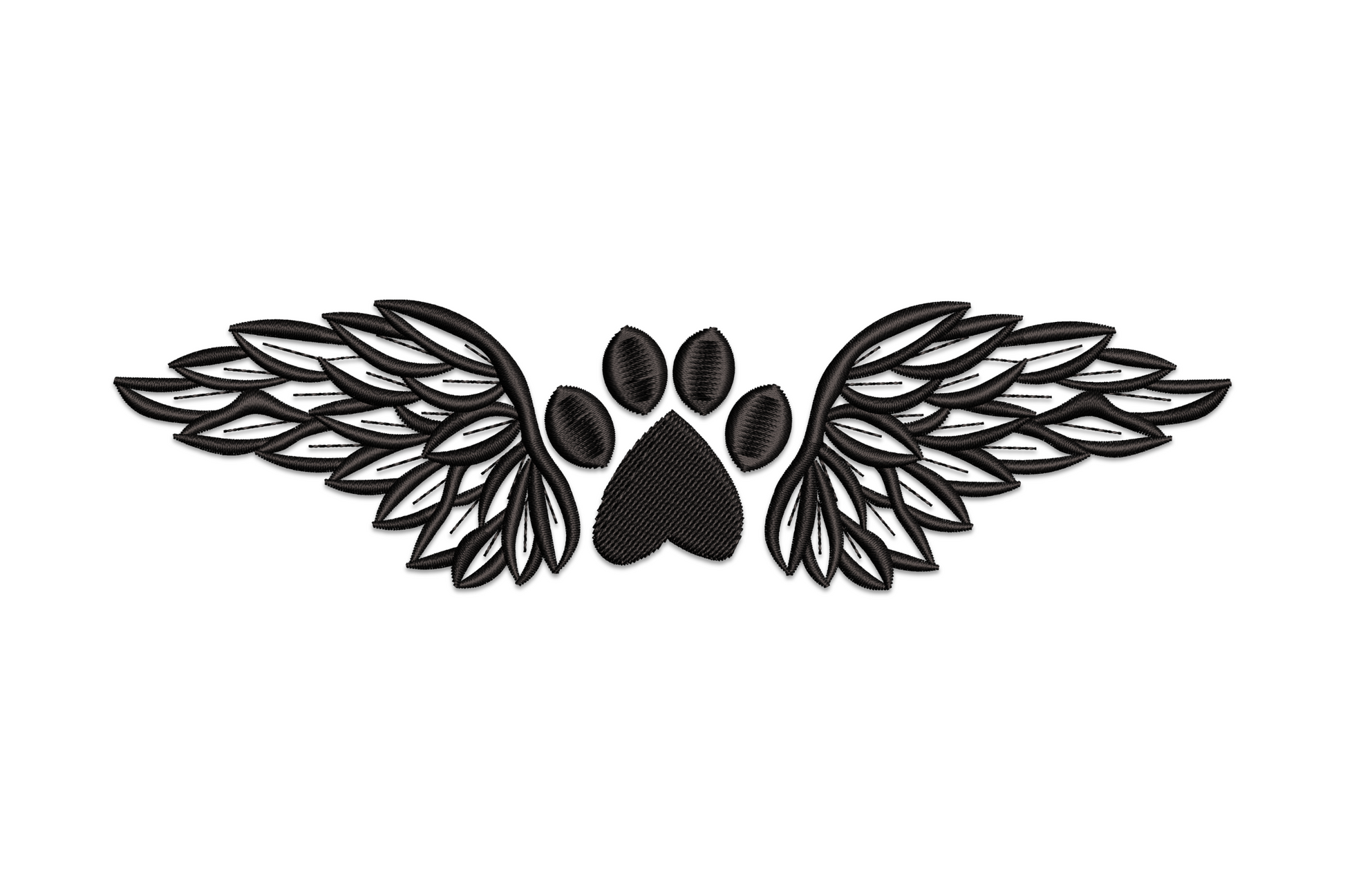 Angel wings paw print embroidery, solid black paw centred between feathered wings with open cutwork voids.