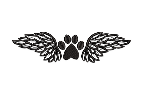 Angel wings paw print embroidery, solid black paw centred between feathered wings with open cutwork voids.