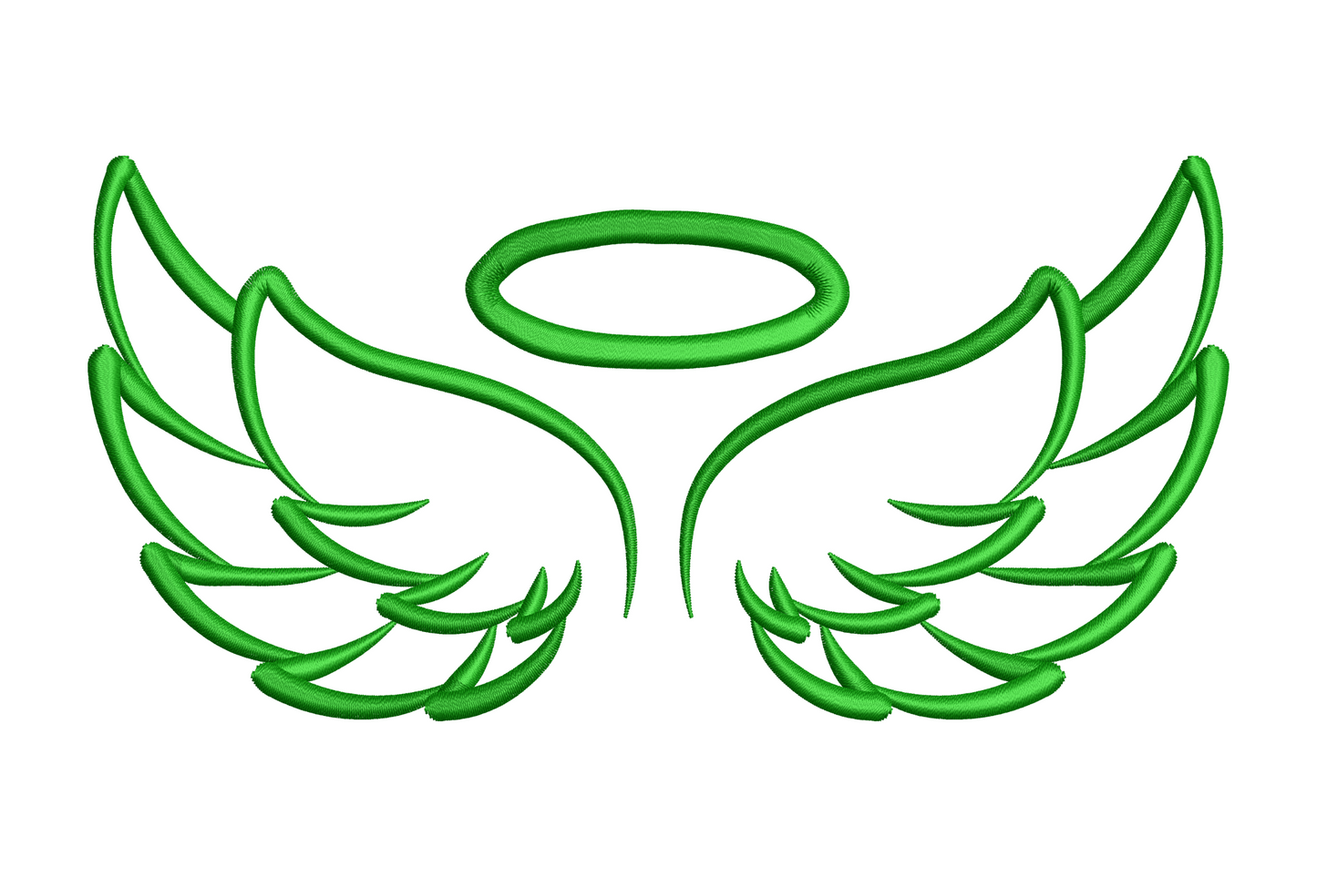 Angel wings with halo machine embroidery design, symmetrical feathered wings and oval halo in dark green satin outline stitch