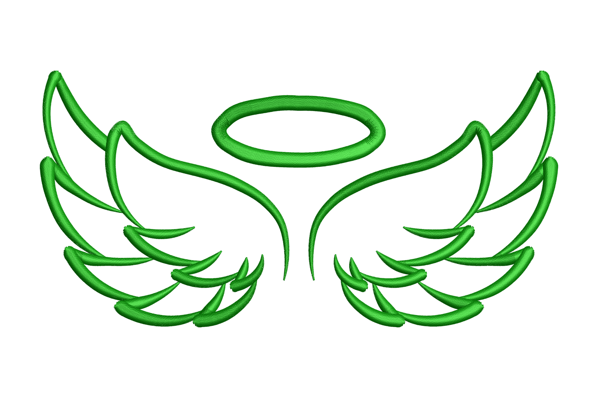 Angel wings with halo machine embroidery design, symmetrical feathered wings and oval halo in dark green satin outline stitch