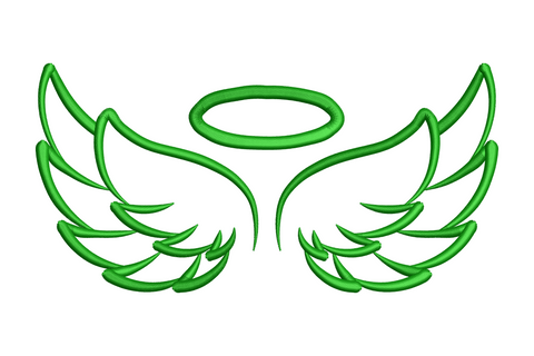 Angel wings with halo machine embroidery design, symmetrical feathered wings and oval halo in dark green satin outline stitch