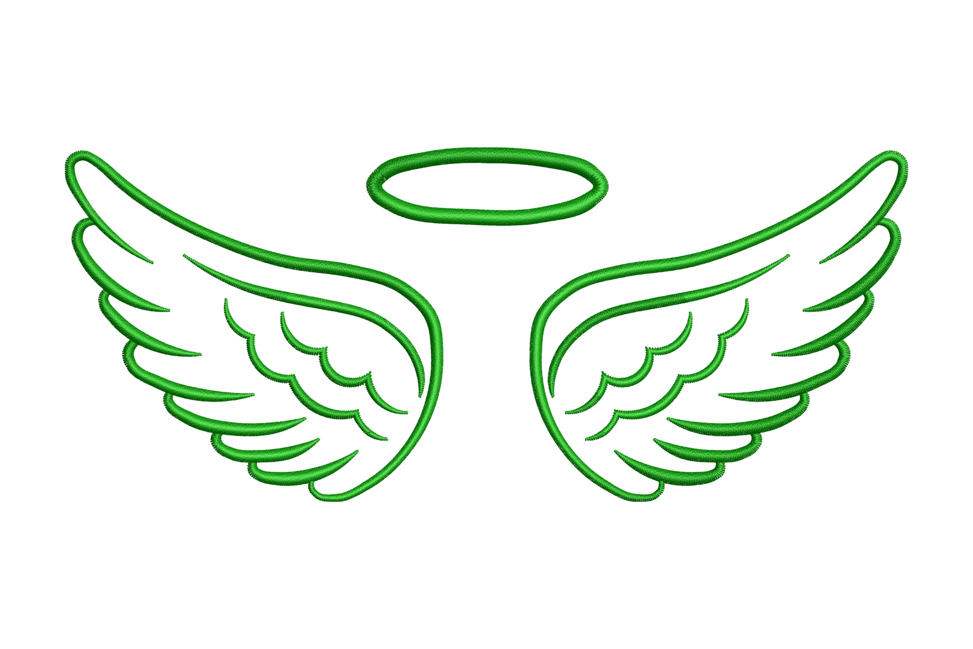 Angel wings with halo line art embroidery design, single color small compact design, 4 sizes from 1.9 to 3.2 inches wide with floating circle halo