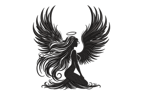 Angel woman silhouette machine embroidery, large spread wings and flowing gown in single colour thread