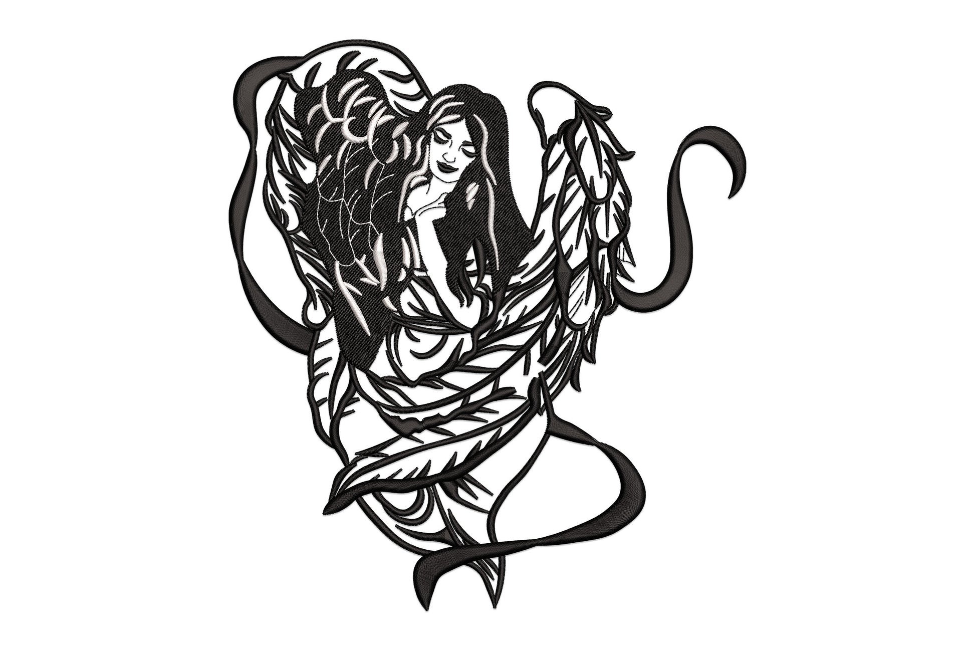 Angel woman embroidery design showing a seated figure with long dark hair and large feathered wings wrapping forward, in bold black and white tattoo-art style.