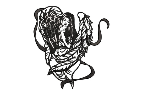 Angel woman embroidery design showing a seated figure with long dark hair and large feathered wings wrapping forward, in bold black and white tattoo-art style.