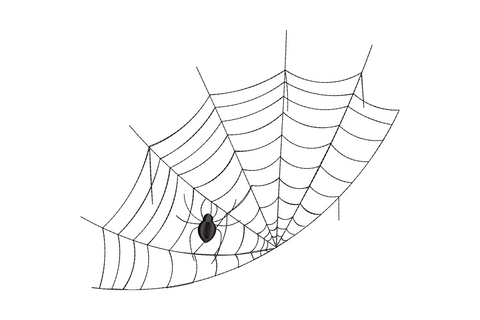 Angled spider web embroidery design with hanging spider in black thread, halloween pattern