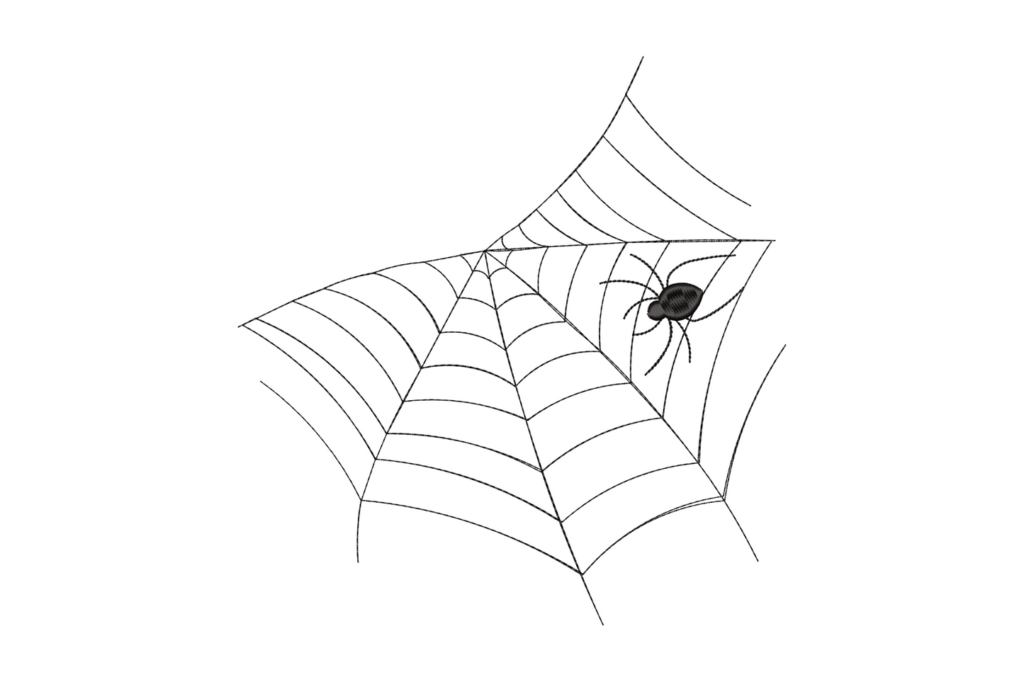 Angled spider web embroidery design with side-positioned spider in black thread, halloween pattern
