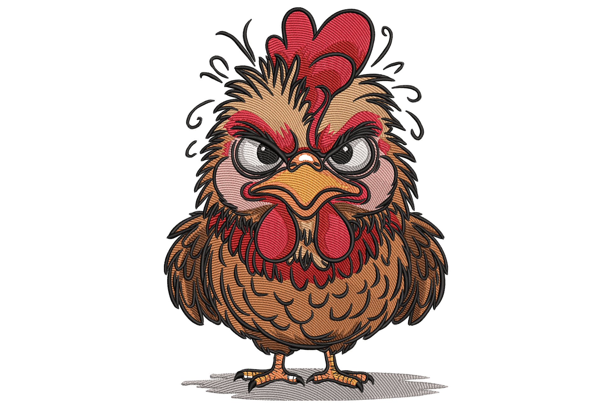 Cartoon angry chicken with red comb wattle furrowed brow and frowning beak, brown rust feathers and yellow legs, kawaii style