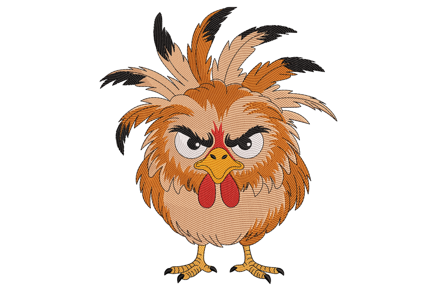 Angry chicken embroidery with fluffy tan feathers, scowling brow and red comb on a round grumpy cartoon bird.