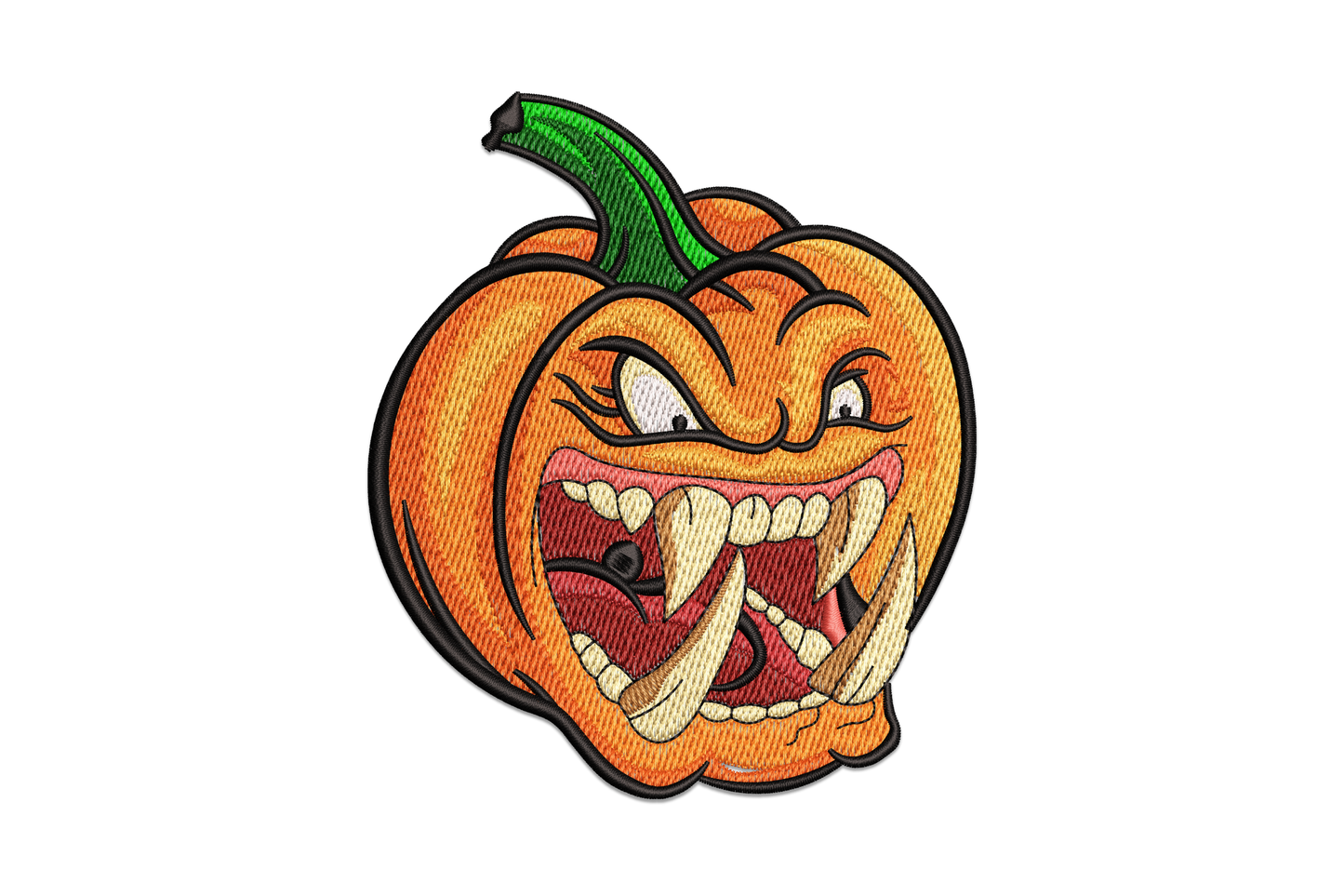 Angry monster pumpkin machine embroidery design with fangs, shaded orange body and dark brows on white background