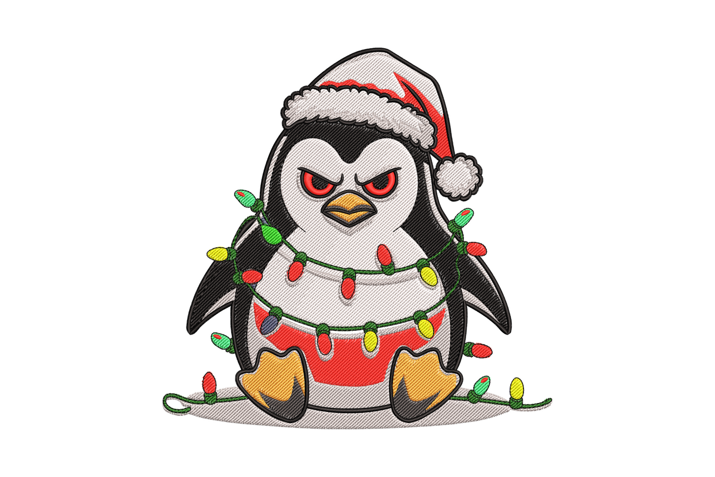 Angry Christmas penguin embroidery design with crossed arms, scowling face, red santa hat and scarf, in 14-colour cartoon style.