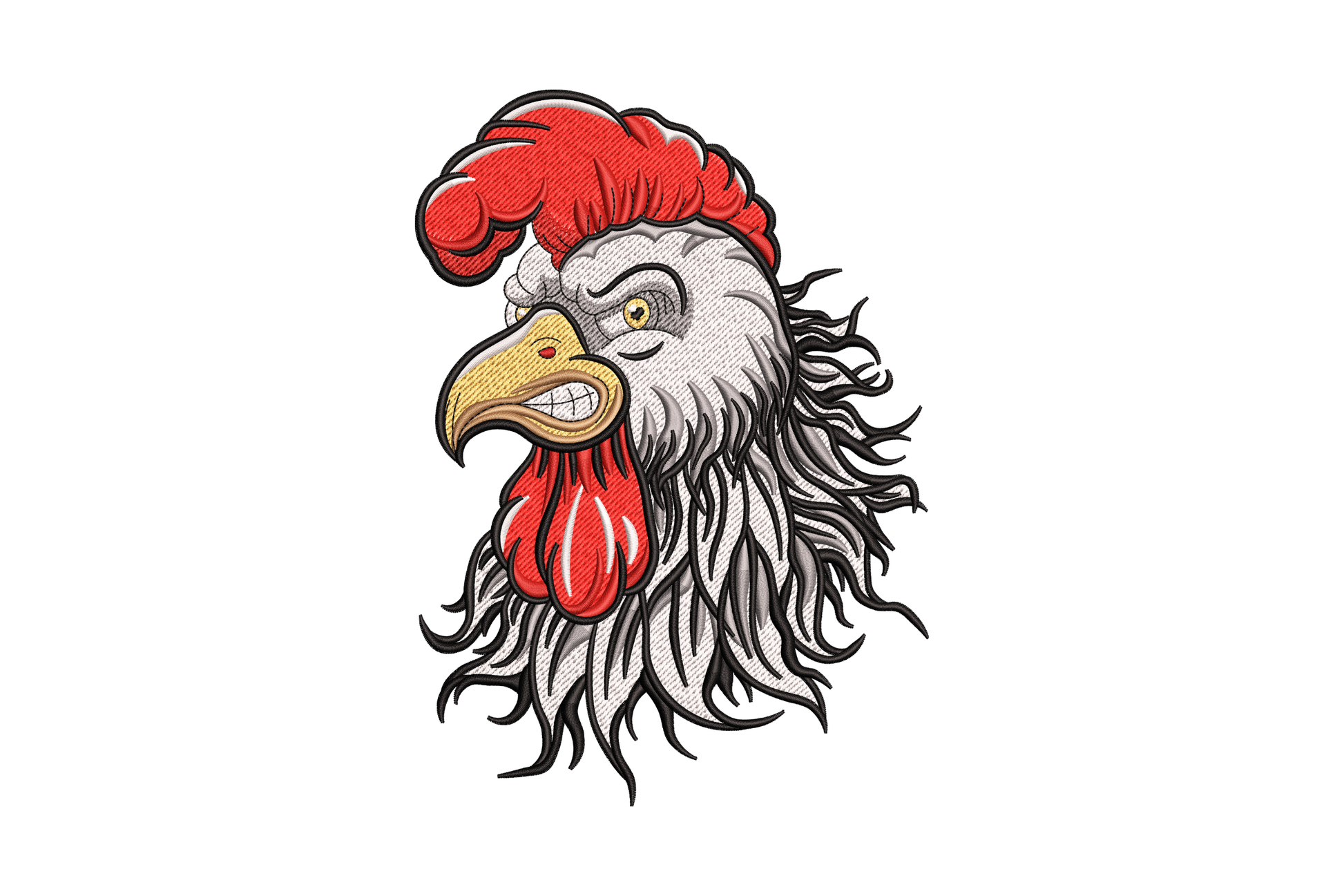 Angry rooster head embroidery design, red comb white face black mane feathers, 7 colours, 5 sizes to 7.51 inches