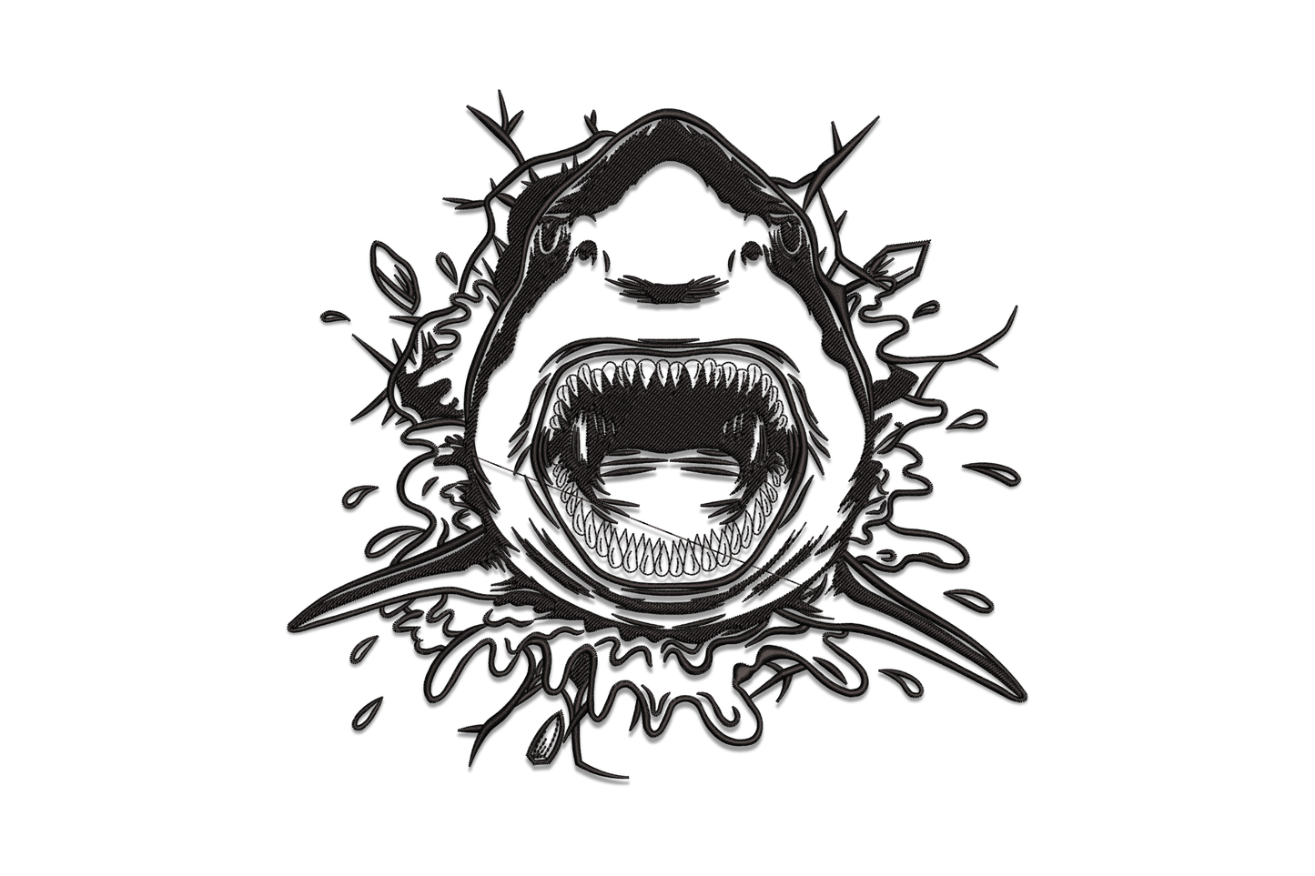 Angry shark splash embroidery design in black, great white shark front-on with open jaw and rows of teeth surrounded by radiating water splash fragments.