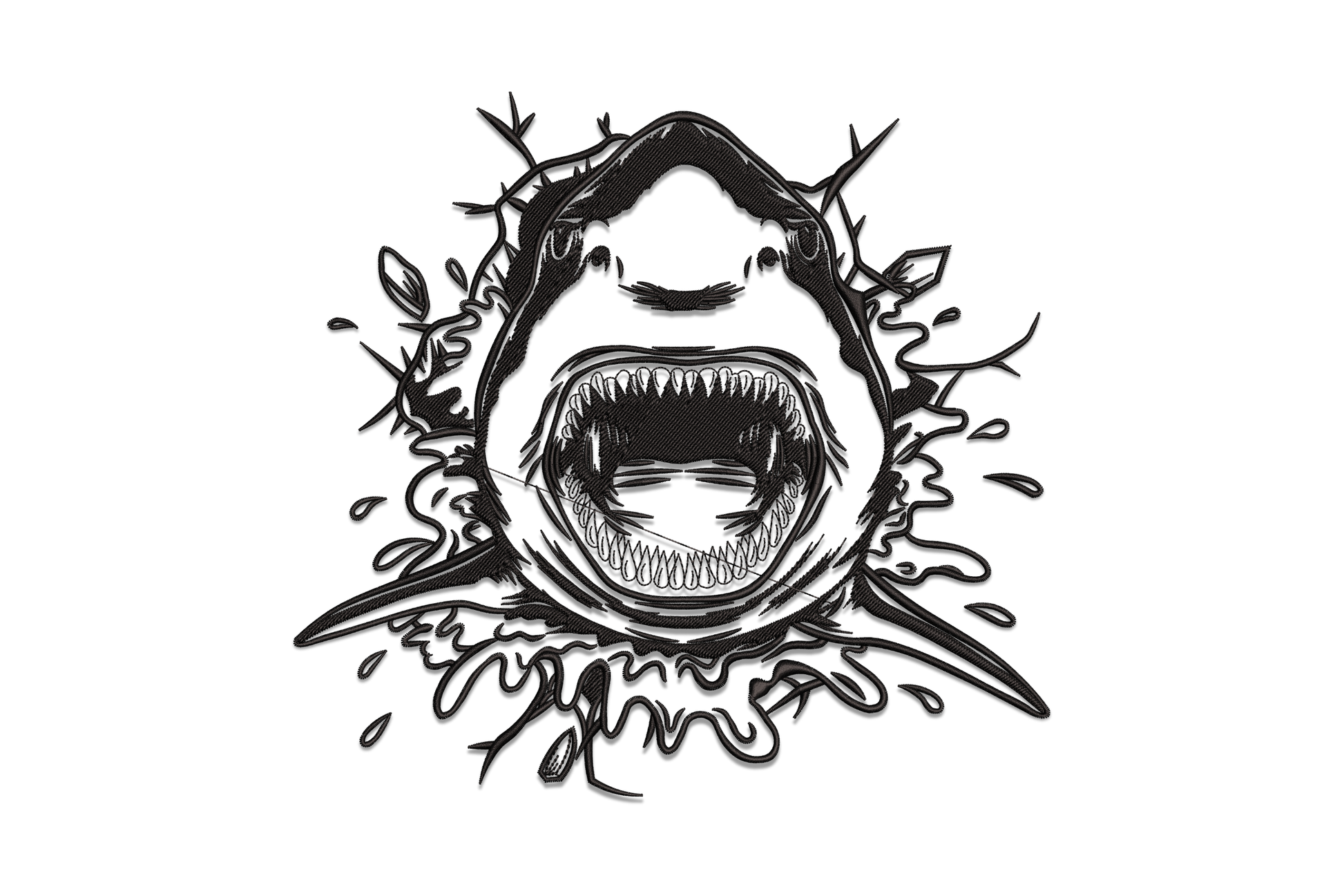 Angry shark splash embroidery design in black, great white shark front-on with open jaw and rows of teeth surrounded by radiating water splash fragments.