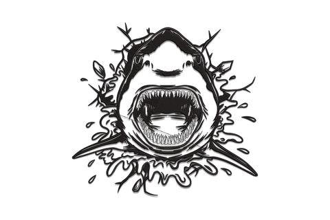 Angry shark splash embroidery design in black, great white shark front-on with open jaw and rows of teeth surrounded by radiating water splash fragments.