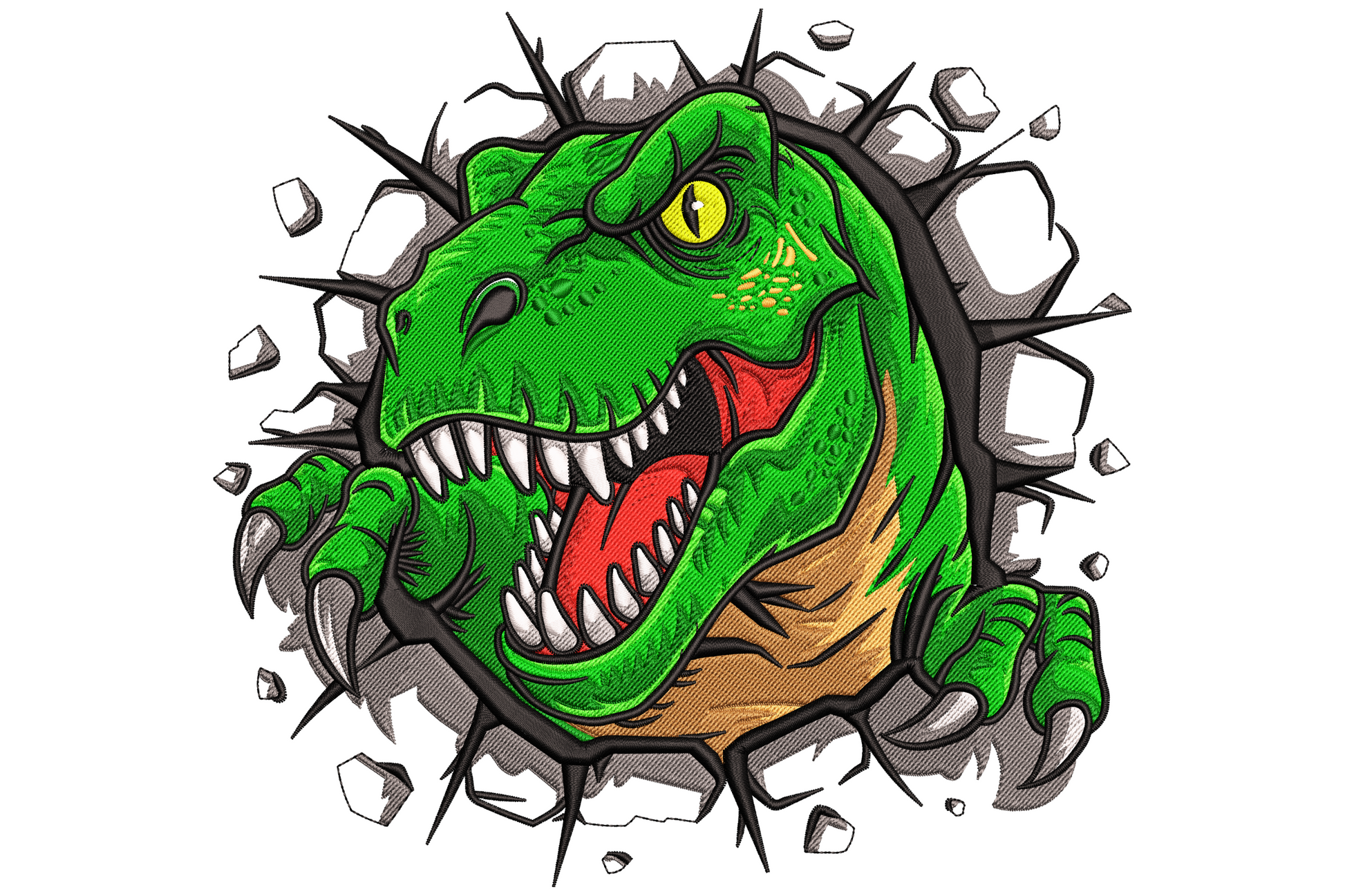Angry T-rex bursting through crumbling grey wall embroidery design with open jaw, white teeth, yellow eye and flying concrete chunks.