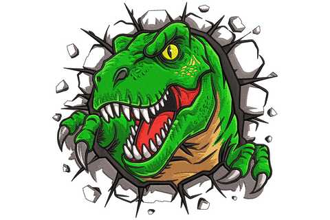 Angry T-rex bursting through crumbling grey wall embroidery design with open jaw, white teeth, yellow eye and flying concrete chunks.