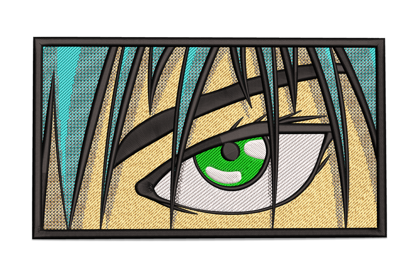 Anime eye embroidery patch design, extreme close-up of green iris peering through dark hair strands on warm tan skin, bold comic-panel black outlines.