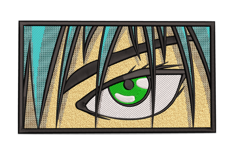 Anime eye embroidery patch design, extreme close-up of green iris peering through dark hair strands on warm tan skin, bold comic-panel black outlines.