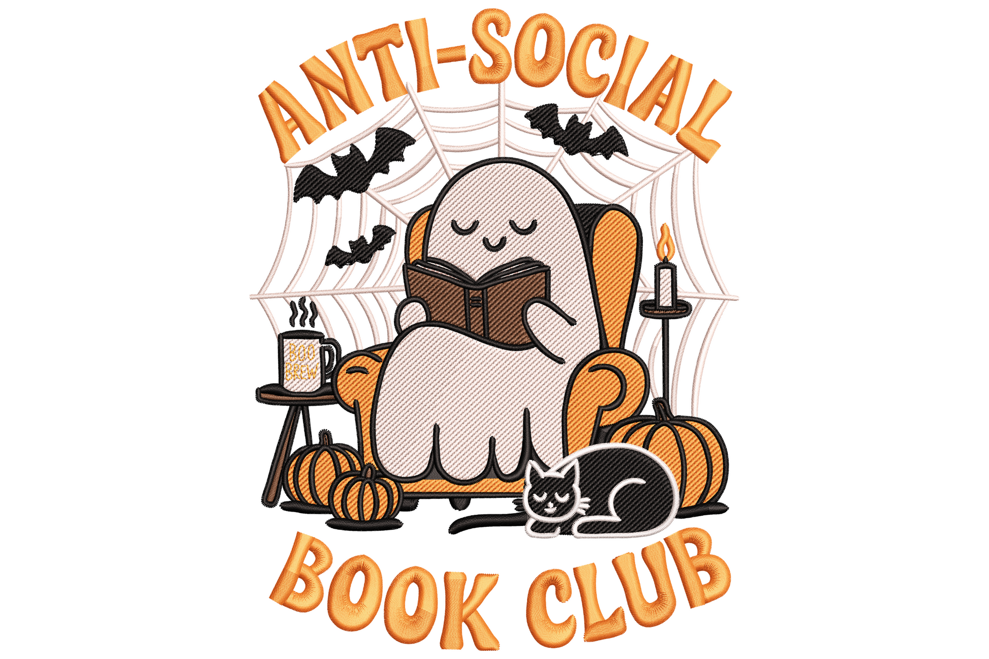 Anti-Social Book Club Ghost embroidery design with ghost reading in armchair, black cat, pumpkins, spiderweb and orange bubble letter text.