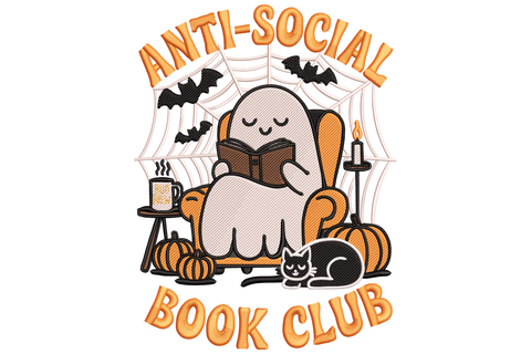 Anti-Social Book Club Ghost embroidery design with ghost reading in armchair, black cat, pumpkins, spiderweb and orange bubble letter text.
