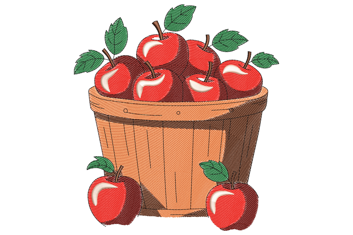 Wicker basket machine embroidery design filled with red and green apples and small leaves, with a red gingham cloth peeking from one side in soft illustrative style.
