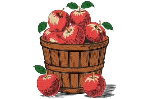 Vintage-style apple basket embroidery design with red apples overflowing a wooden harvest barrel, green leaves and engraving-style detail.