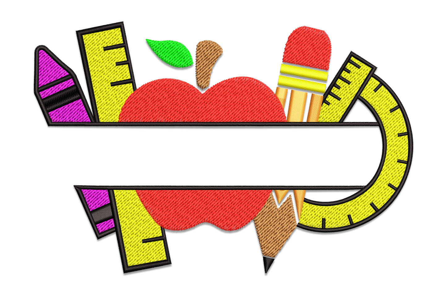 Teacher embroidery design split-name frame with a red apple, yellow ruler, protractor, paintbrush, purple crayon and pencil arranged around an open name gap.