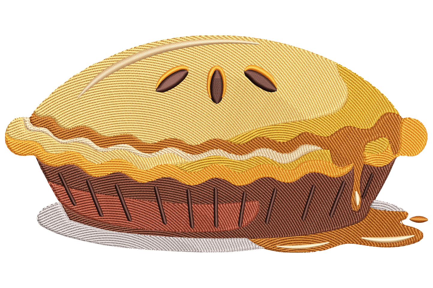 Homestyle apple pie embroidery design with golden crimped fluted crust, three vent slits, brown apple filling and grey plate.