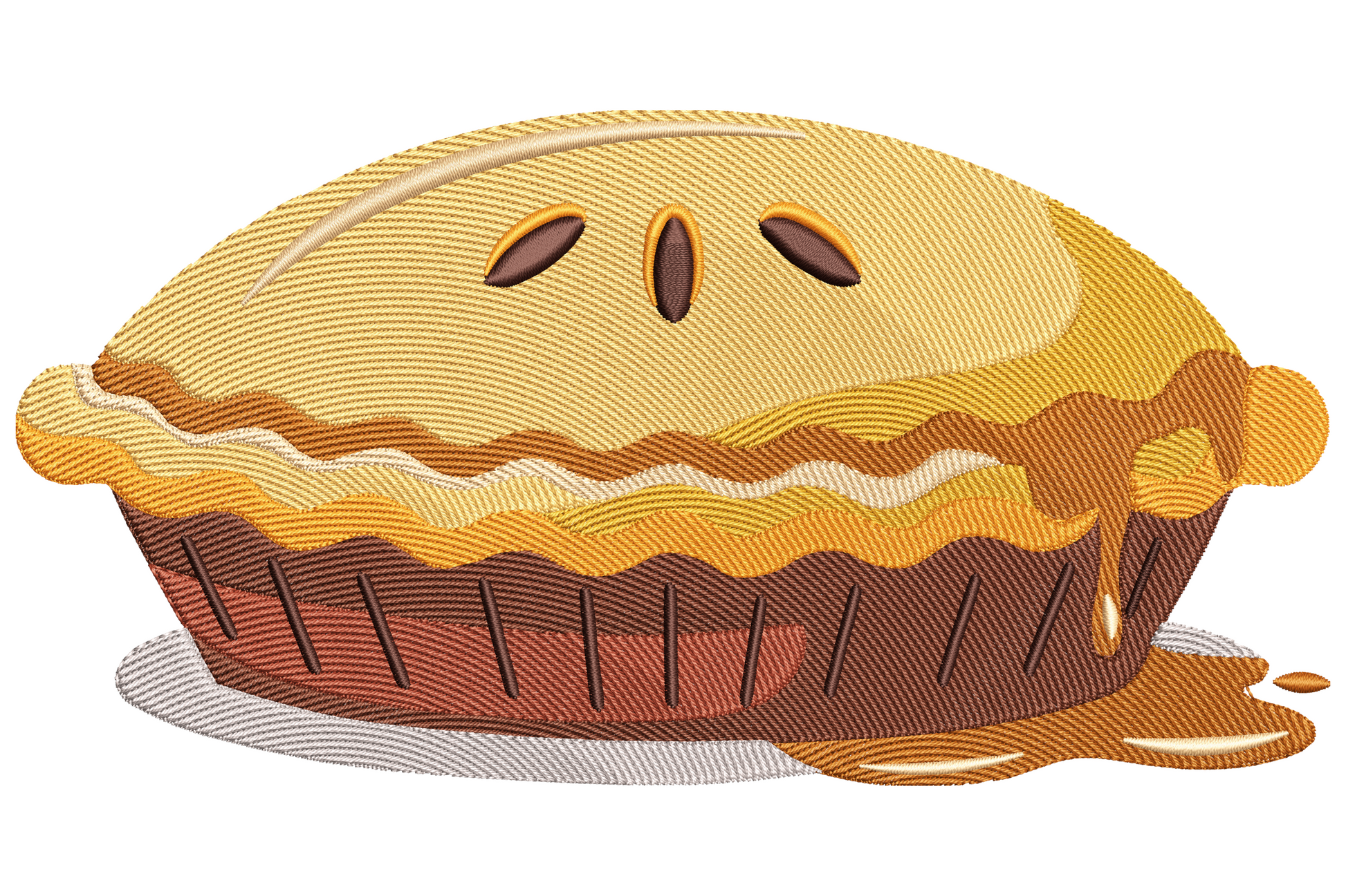 Homestyle apple pie embroidery design with golden crimped fluted crust, three vent slits, brown apple filling and grey plate.