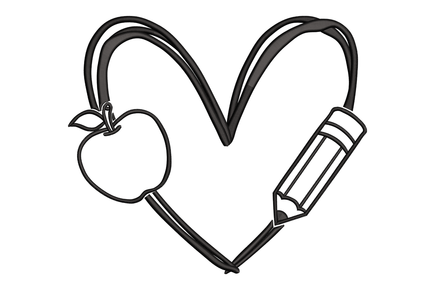 Apple and pencil forming a heart outline embroidery design in single colour black, clean outline style for teacher gifts.