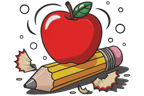 Apple and pencil school embroidery design with bright red satin fill apple and yellow diagonal pencil, 19 colours with shading detail.