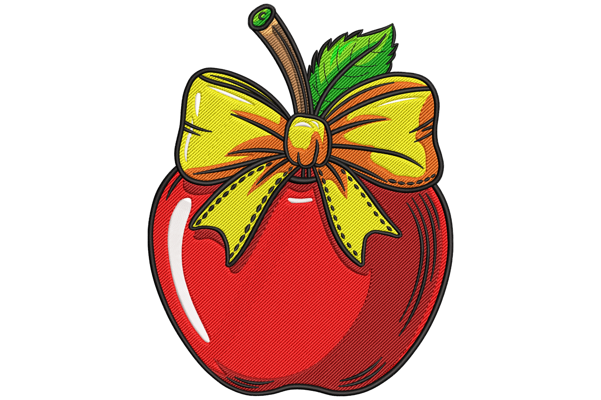 Red apple embroidery with green leaf, brown stem and large yellow ribbon bow tied at the top