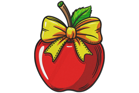 Red apple embroidery with green leaf, brown stem and large yellow ribbon bow tied at the top