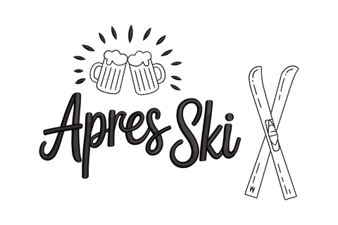 Illustration of 'Apres Ski' with skis, beer mugs, and decorative elements embroidery design