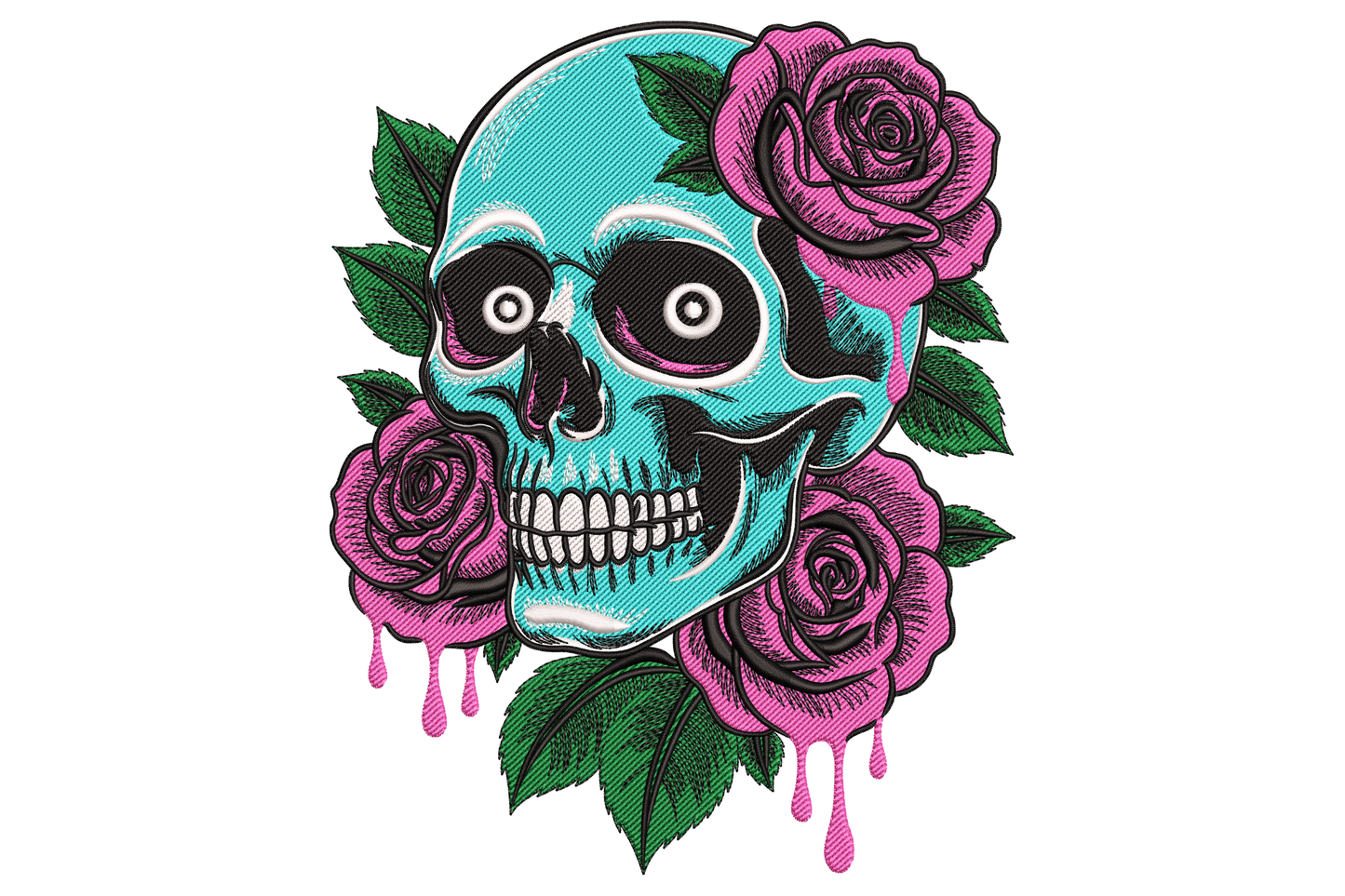 Aqua sugar skull with four dripping pink roses and green leaves embroidery, target eyes and heavy black outlines