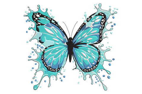 Aqua splash butterfly machine embroidery, 8 colours, monarch butterfly with liquid splash arms in teal navy and ice blue