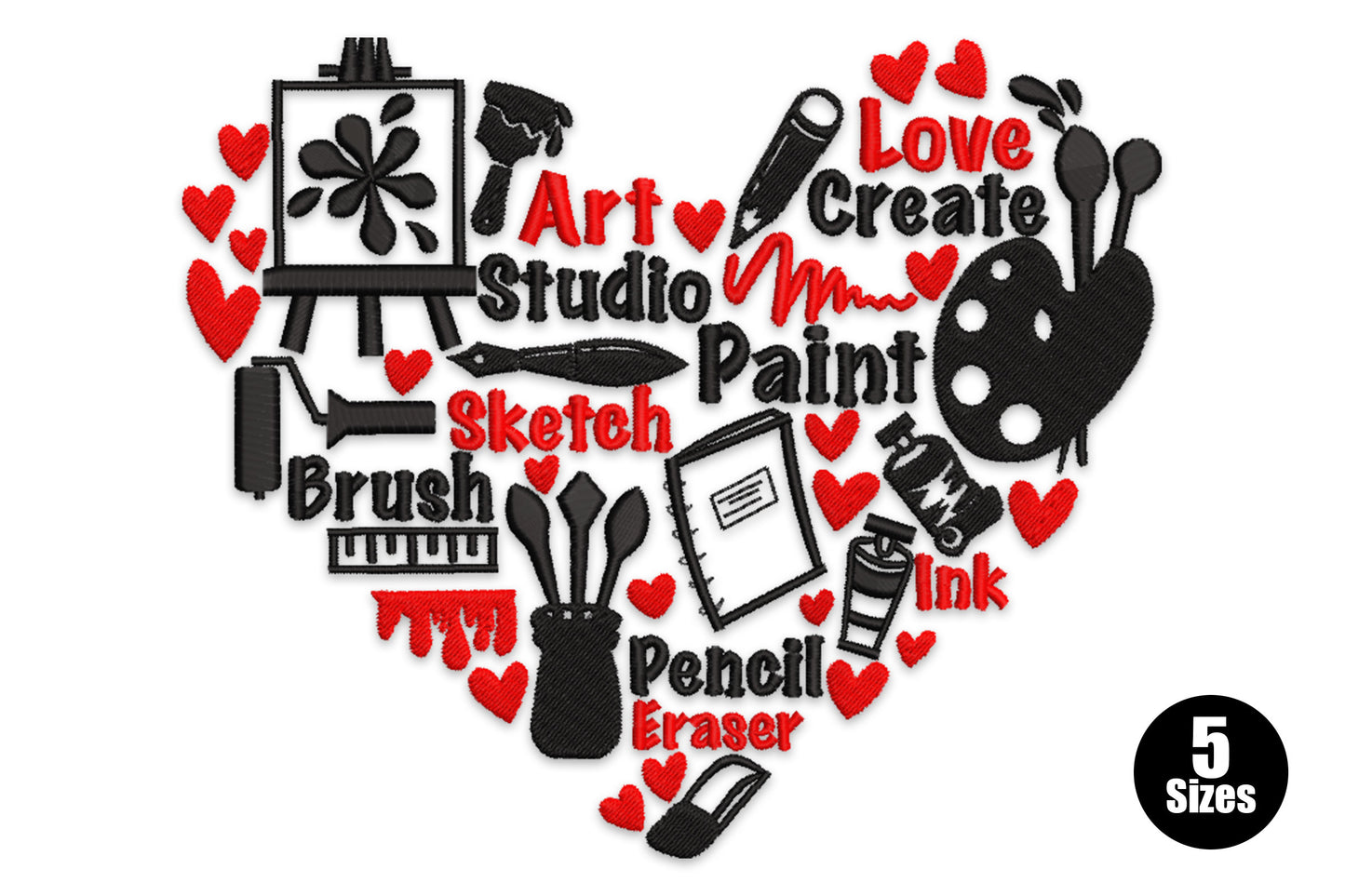 Art studio heart embroidery design, heart shape filled with art words and icons in black and red including easel, palette and brushes.