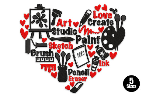 Art studio heart embroidery design, heart shape filled with art words and icons in black and red including easel, palette and brushes.