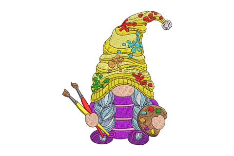 Artist gnome embroidery design with yellow paint-splattered hat, purple robe, three paintbrushes and a colour palette in 20 thread colours.