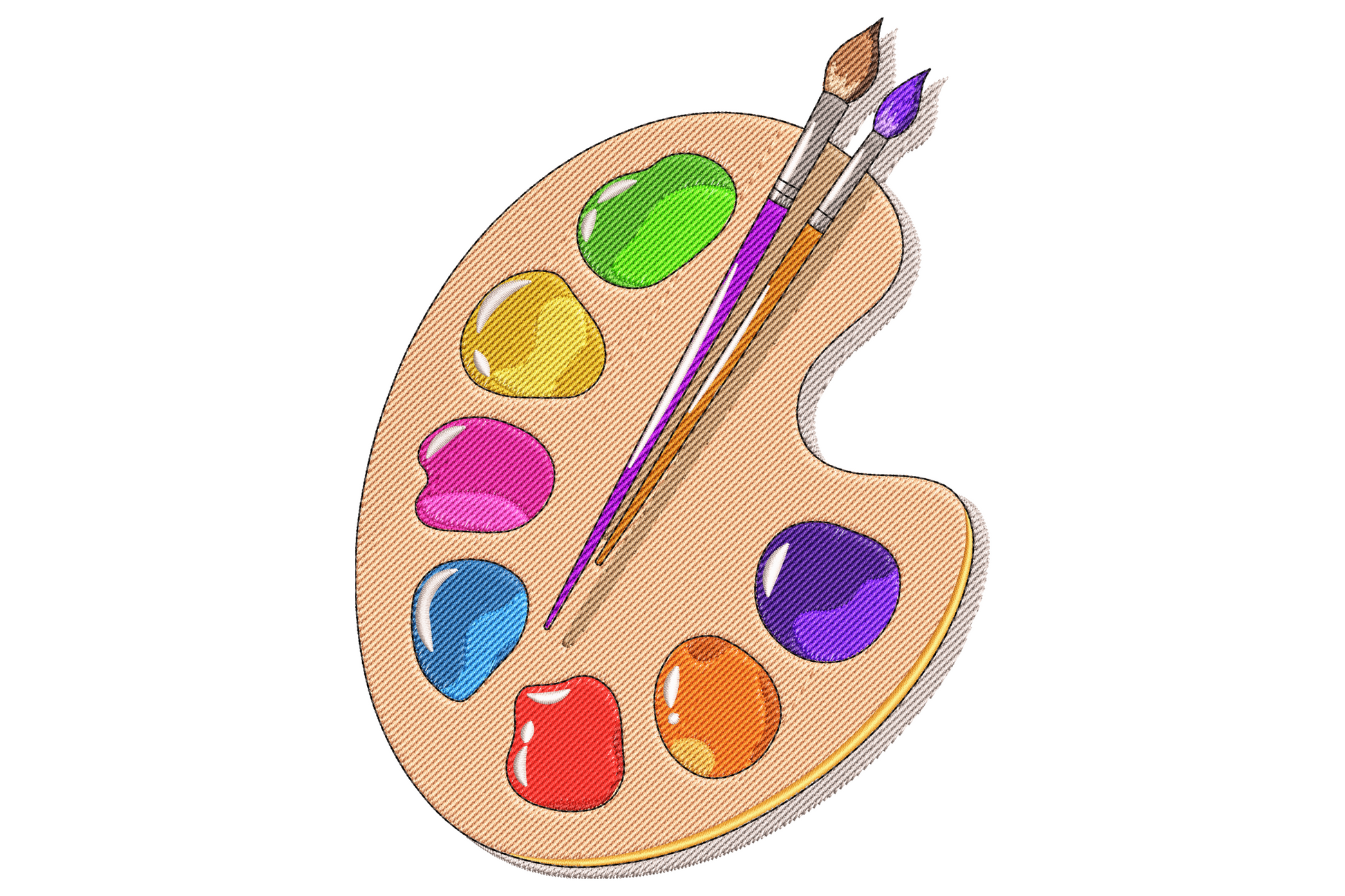 Artist paint palette embroidery with 27 thread colours, realistic paint blobs, oak wood tones and paintbrush detail.