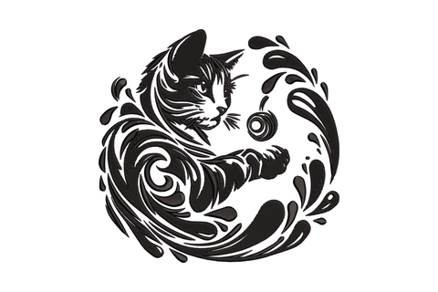 Artistic cat playing with yarn embroidery design, high-density blackwork cat curled in swirling flourish composition, one paw reaching toward yarn ball.