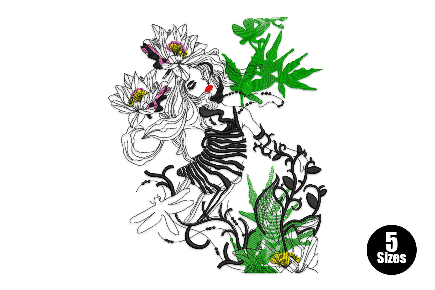 Artistic female portrait embroidery with pink lotus flowers in hair, dark green monstera leaves, zebra-stripe bodice and dragonfly motif.