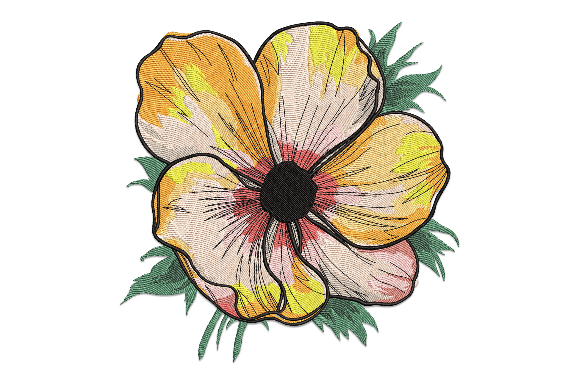 Open poppy-style flower with wide peach-orange petals, radiating lines from deep black center, green spiky leaves at base, machine embroidery design on white background