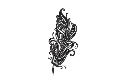 Artistic swirl feather embroidery design, baroque henna style black scrollwork curls layered into a tall feather.