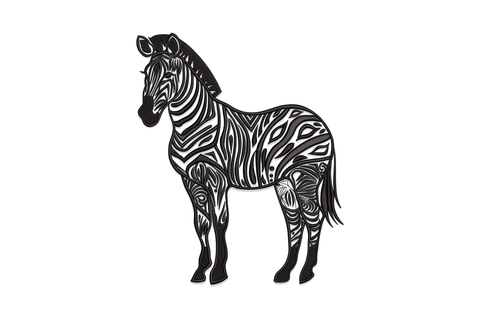 Artistic zebra embroidery design with flowing tribal stripe pattern in single black thread, 5 sizes from 4 to 8 inches.