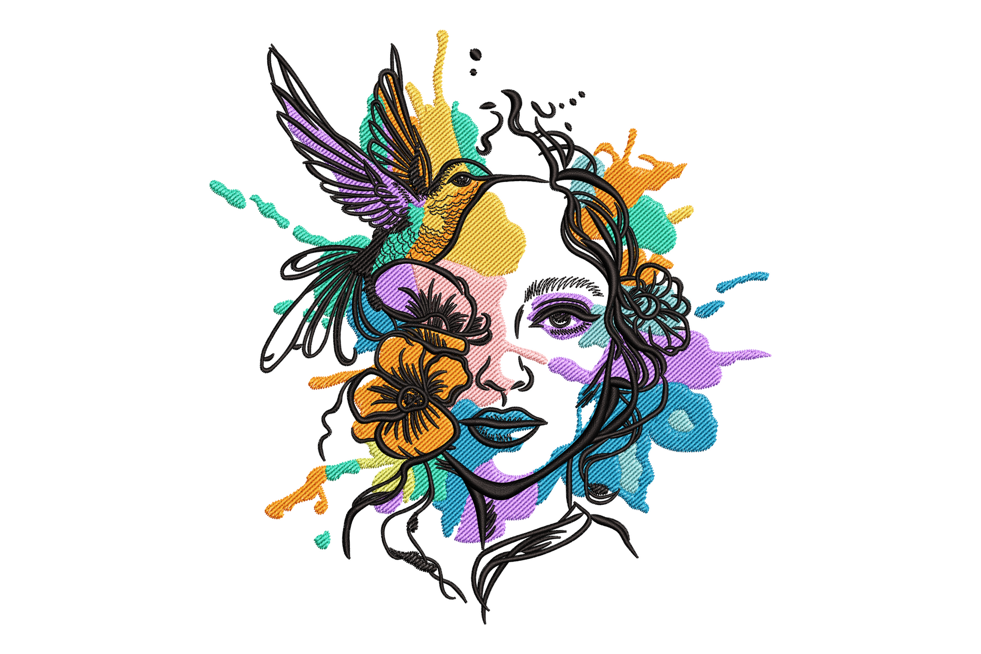 Artistic woman face embroidery with hummingbird and orange poppy flowers surrounded by teal magenta watercolour splashes