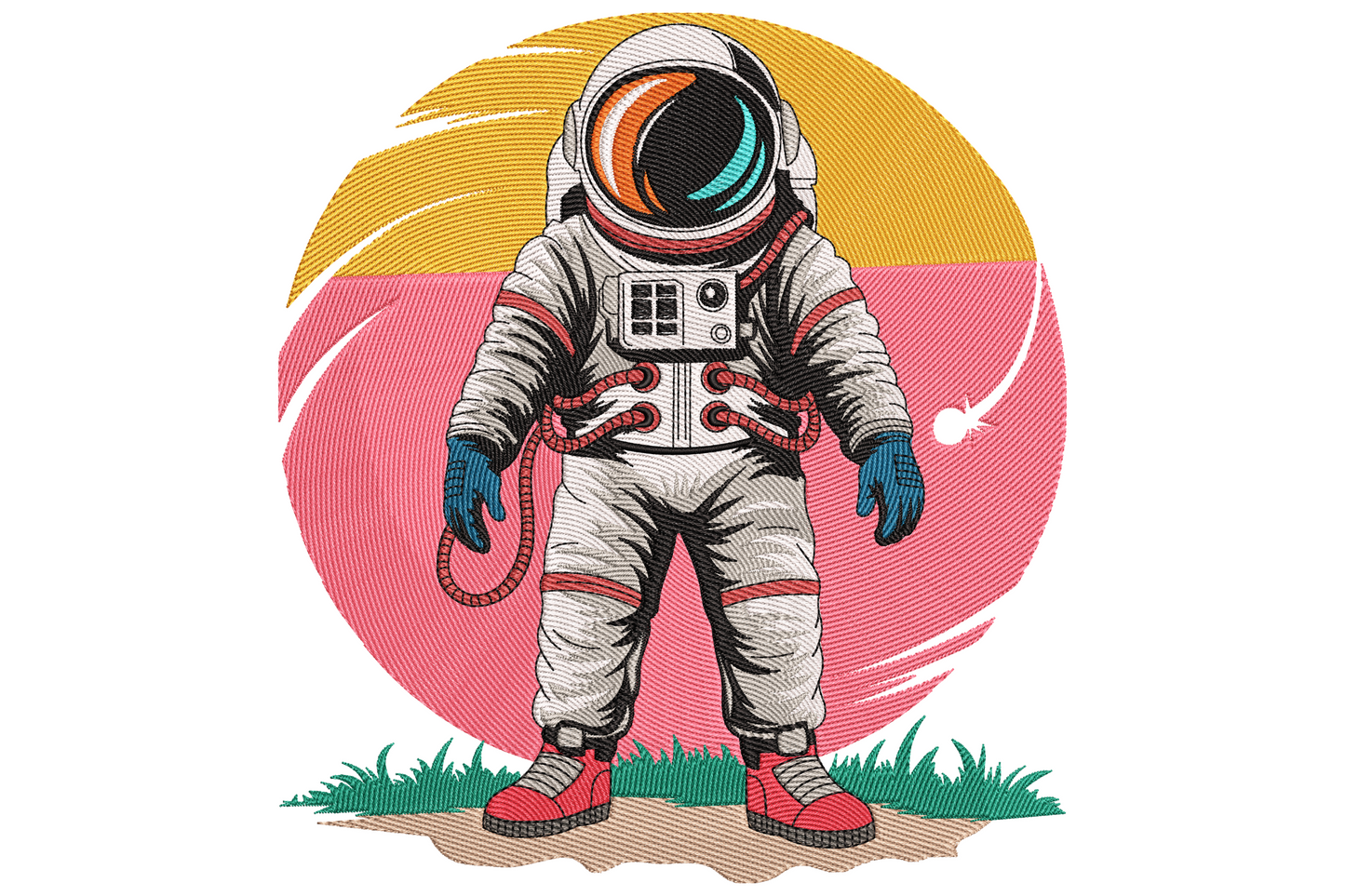 Full-body astronaut in white spacesuit standing on alien ground with large peach-coral sunset disc behind, blue gloves, tether cord, green grass tufts, 13-colour embroidery.