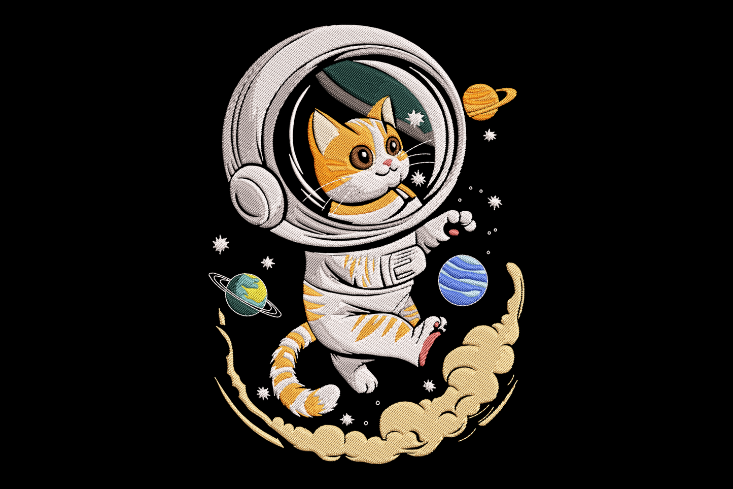 Astronaut cat embroidery design wearing white space suit and round silver helmet with teal visor, cartoon space cat character
