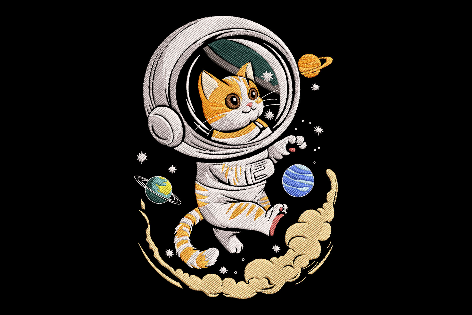 Astronaut cat embroidery design wearing white space suit and round silver helmet with teal visor, cartoon space cat character